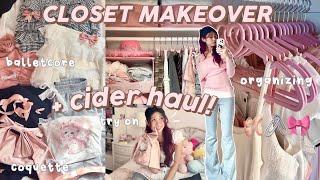 ️ CLOSET MAKEOVER ft. cider try on haul, reorganizing and clean out!(balletcore, coquette)