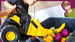 Harvesting Toys From Our Garden With Construction Trucks!