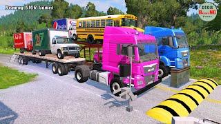Double Flatbed Trailer Truck vs speed bumps|Busses vs speed bumps|Beamng Drive|1152