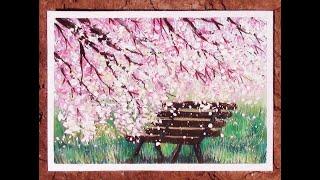 "Spring. Sakura blossom". Step by step gouache landscape for beginners.