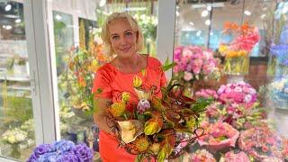 Composition and bouquet of exotic flowers