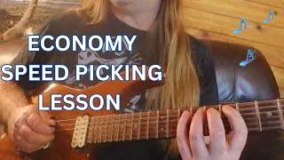 Economy picking (speed picking) guitar lesson, technique explained and demoed