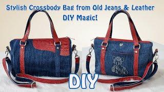 "DIY Crossbody Handbag: Upcycling Old Denim Jeans and Leather ️