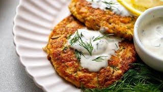 Low-Carb Zucchini Salmon Fritters [with Lemon Dill Sauce]