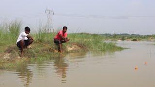 Fishing video|| Two fisherman catching big fish with hook using small fish & meat in village river