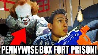 24 HOUR BOX FORT PENNYWISE PRISON ESCAPE!! (*CREEPY CLOWN NERF WAR*!)