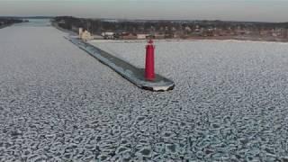 Bizarre Rare Ice Pancake "Frazil Pans" Lake Michigan Muskegon Channel Filmed on DJI Mavic Air in 4k