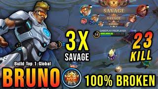 3x SAVAGE!! 23 Kills Bruno 100% Broken Marksman!! - Build Top 1 Global Bruno ~ MLBB