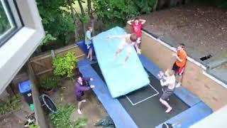 Super jump in trampoline with the help of his friends