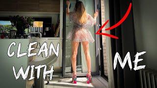 Transparent window cleaning with Mia in dress, haul, see through