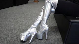 Review Walking Pleaser ADORE-3000HWR Silver Hologram 7 Inch Thigh High Boots Unboxing With Catie