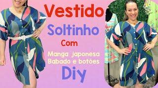 VESTIDO DE VISCOSE SOLTINHO COM MANGA JAPONESA BABADO E BOTÕES COM CORTE E COSTURA FÁCIL #dress