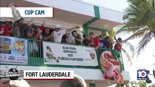 Florida Panthers celebrate with Lord Stanley's Cup with fans at Elbo Room in Fort Lauderdale