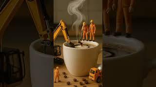 Mini Workers Brew the Perfect Cup of Coffee! #CoffeeArt #MiniatureWorld #ConstructionCrew #AIart