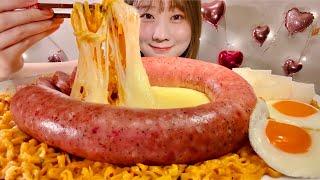 ASMR Cheese Fire Noodles with Sausage【Mukbang/ Eating Sounds】【English subtitles】