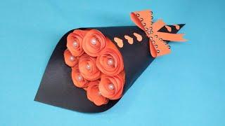 How To Make Paper orange Rose Flower Bouquet | Paper Craft | Gift Idea | Handmade Paper Bouquet.