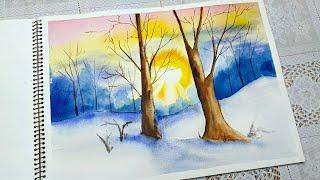 Easy Watercolor Winter Sunrise Landscape Scenery Painting for Beginners / Step by Step Tutorial