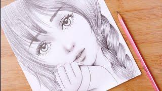 Pencil sketch || How to draw Cute Girl Face - step by step || Drawing Tutorial for beginners