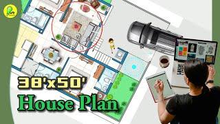 38’×50’ house plan with car parking, 2BHK house design, 38’ by 50’ house map, 38*50 home plan #home