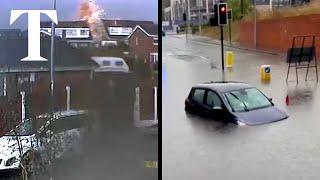 Lightning hits house and cars submerged as storms strike Britain