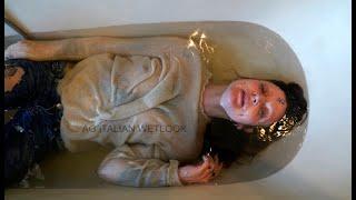 Wetlook - ASMR squish shoes sound - Ingrid in bathtub with old Nike, socks jeans and sweater