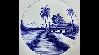 Easy and simple scenery drawing with pen sketch / How to draw easy scenery for beginners