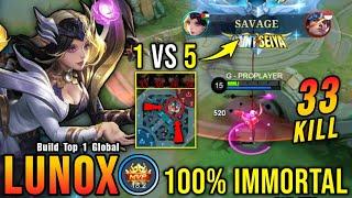 1 vs 5 SAVAGE!! 33 Kills Lunox MVP 18.2 Points (100% IMMORTAL) - Build Top 1 Global Lunox ~ MLBB