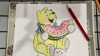 Complete coloring the picture of Pooh bear eating watermelon