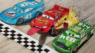 How to draw LIGHTNING McQUEEN's three-way tie with Strip The King Weathers and Chick Hicks in CARS 1