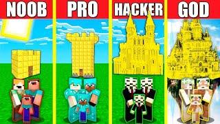 Minecraft Battle: GOLD CASTLE HOUSE BUILD CHALLENGE - NOOB vs PRO vs HACKER vs GOD / Animation