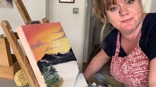 ASMR relax snow scene vibrant colours,BobRoss style.Oil painting,canvas brush strokes,palette knife.