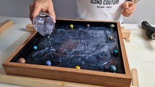 Space Chess made of Oak and Epoxy Resin with Floating effect and LED