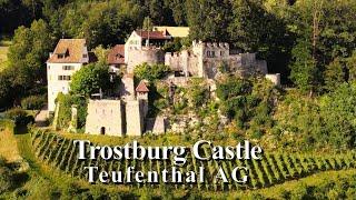 4K Bird's view of Trostburg Castle, Teufenthal, Aargau, Switzerland