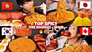 Mukbangers From Different Countries Try SPICY FIRE NOODLES + SPAM Mukbang️