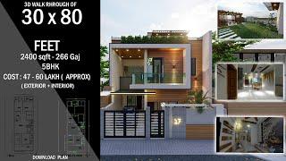 30 x 80 House Plan Design 3d | 2400sqft. | 5 BHK | WITH Terrace garden | Build studio |