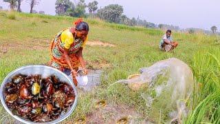 santali tribe old couple catch WILD CRAB in field and cooking for their lunch