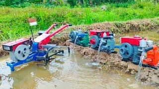 Diy mini traktor membajak sawah dan 3 diesel pompa air sedang mengisi air