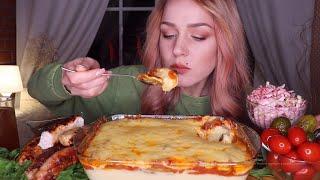 MUKBANG | Запеканка с пюре, грибами, купаты, салат | Casserole with mushrooms and cheese, не ASMR