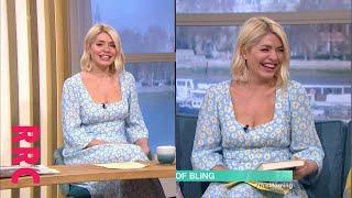 Holly Willoughby @white bra peek, bending in square neckline daisy dress