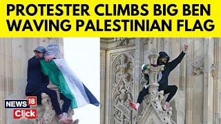 Protester With Palestinian Flag Climbs Elizabeth Tower In Central London | London Big Ben | N18G