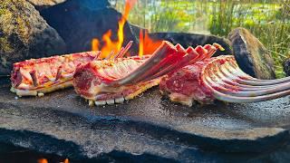 Slow Roasted Rack of Lamb with Garlic Herb Butter (Cooked on HOT STONES!) | ASMR Outdoor Cooking