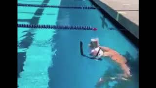 Olympic Gold Medalist Katie Ledecky Swimming with Cup of Chocolate Milk on her Head