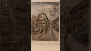 Vintage Etching Wartburg Castle Village Scene in Germany Waldemar Hoya 1889-1952