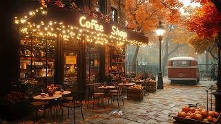 Autumn Coffee Shop Outside with Gentle Jazz Music & Falling Leaves for Relax, Study, Positive Mood