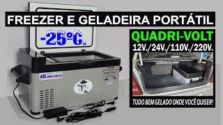 Freezer e geladeira Portátil [ 2 em 1 ] Quadri-volts Liga em 12v. 24v. 110v. 220v. Gela até -25ºC.