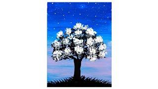 Night sky painting easy | Canvas painting | Tree painting | Acrylic painting for beginners