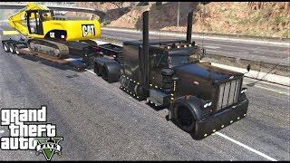 GTA 5 Real Life Mod #187 Peterbilt Hauling A Excavator On An Lowboy Trailer To A Construction Site