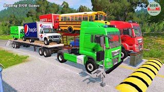 Double Flatbed Trailer Truck vs speed bumps|Busses vs speed bumps|Beamng Drive|1154
