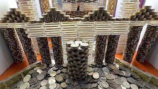 Huge poker chip wall holds strong inside the high limit coin pusher