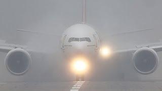 Wet Runway!! Amazing Ghost Plane Arrival. Emirates Boeing 777 Arrival during intense fog (HD)